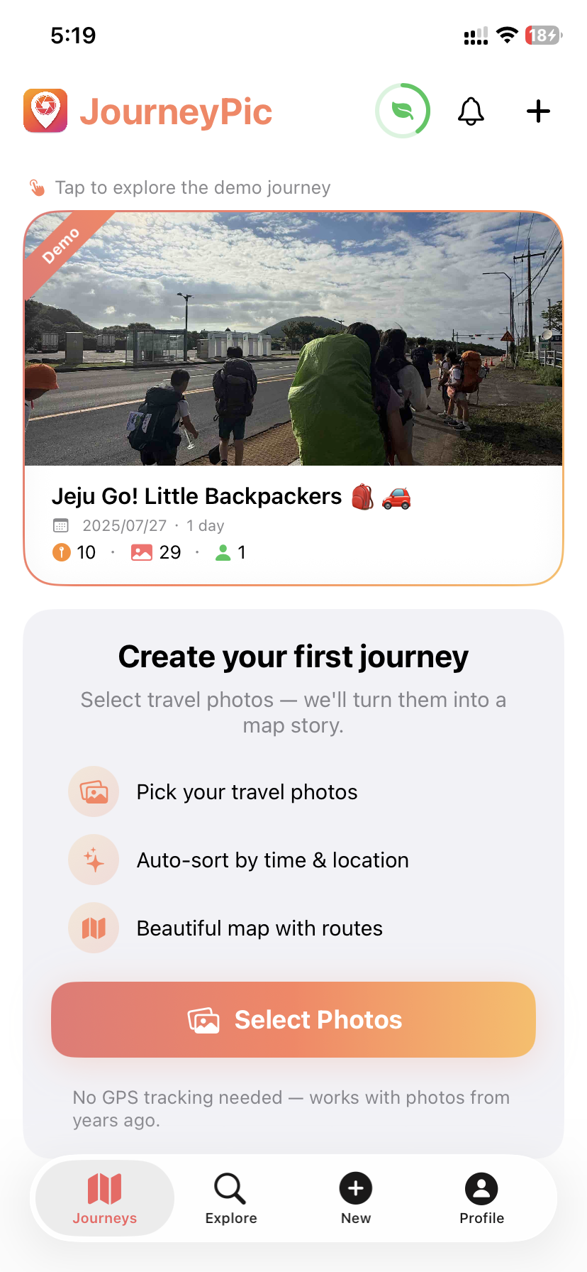 JourneyPic app home screen showing journey cards